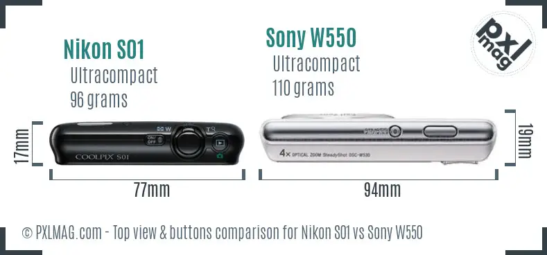 Nikon S01 vs Sony W550 top view buttons comparison