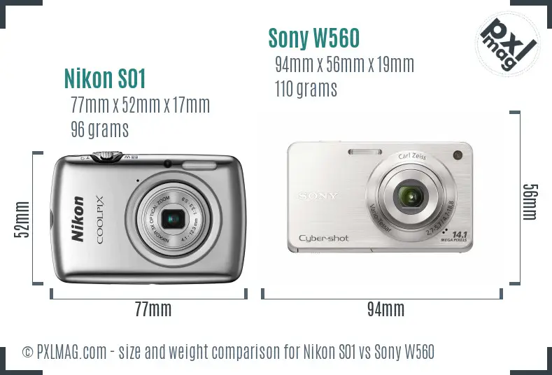 Nikon S01 vs Sony W560 size comparison