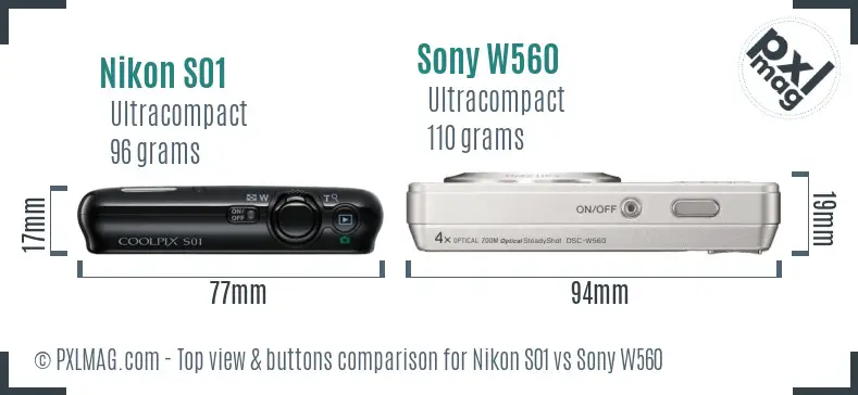 Nikon S01 vs Sony W560 top view buttons comparison