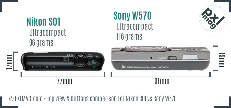 Nikon S01 vs Sony W570 top view buttons comparison