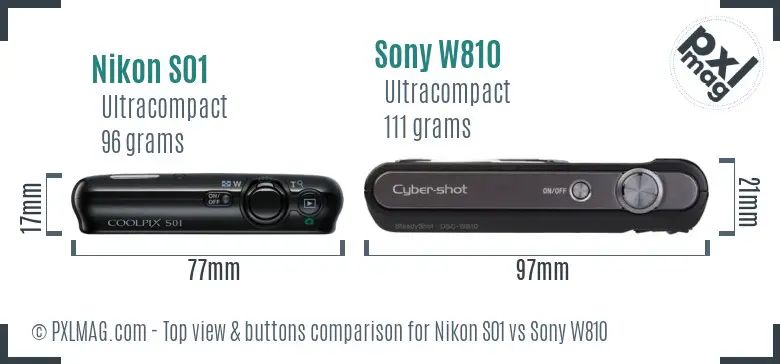 Nikon S01 vs Sony W810 top view buttons comparison
