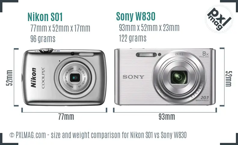 Nikon S01 vs Sony W830 size comparison