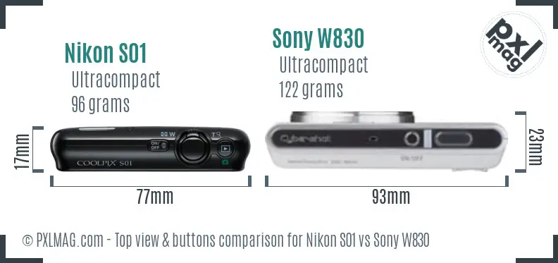 Nikon S01 vs Sony W830 top view buttons comparison