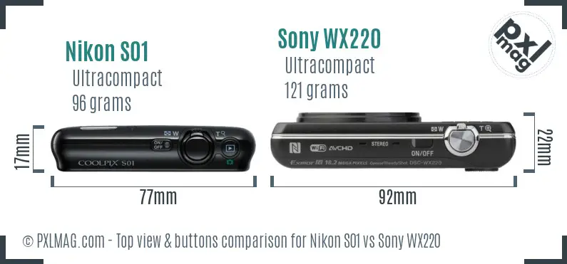 Nikon S01 vs Sony WX220 top view buttons comparison