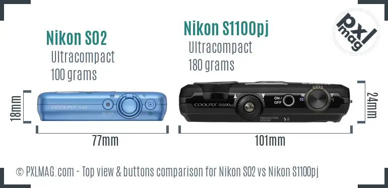 Nikon S02 vs Nikon S1100pj top view buttons comparison