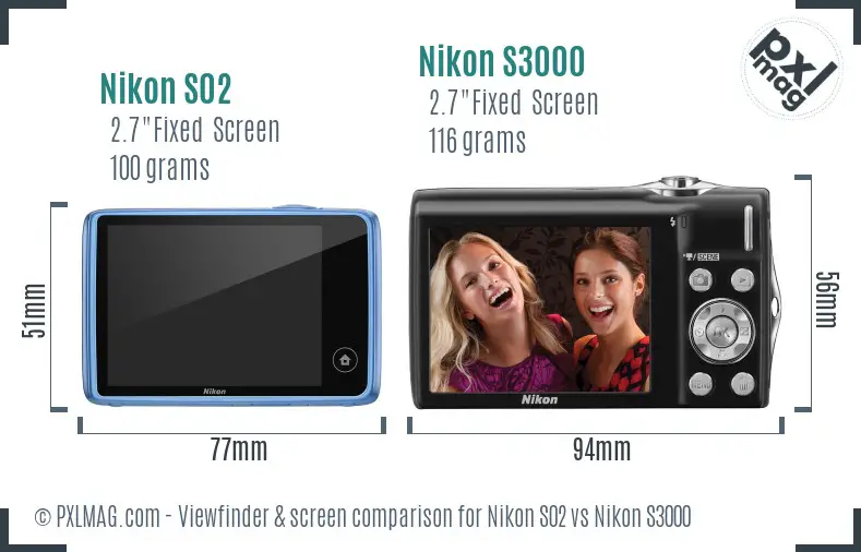 Nikon S02 vs Nikon S3000 Screen and Viewfinder comparison