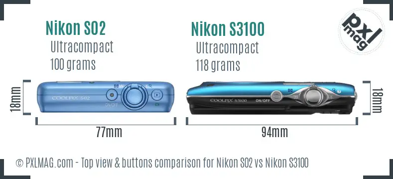 Nikon S02 vs Nikon S3100 top view buttons comparison Nikon S02 vs Nikon S3100 top view buttons comparison