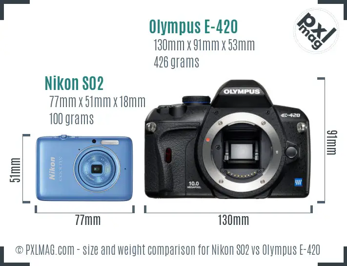 Nikon S02 vs Olympus E-420 size comparison