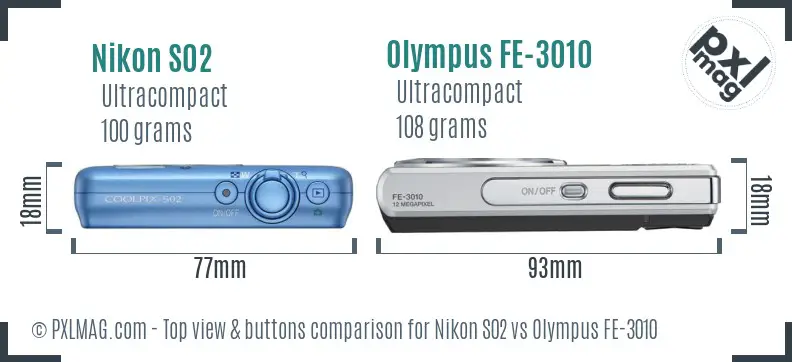 Nikon S02 vs Olympus FE-3010 top view buttons comparison