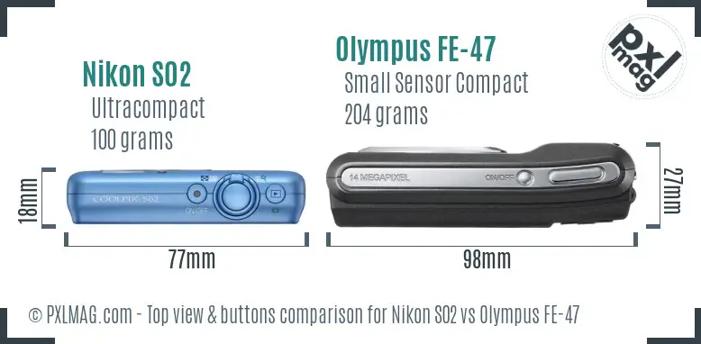 Nikon S02 vs Olympus FE-47 top view buttons comparison