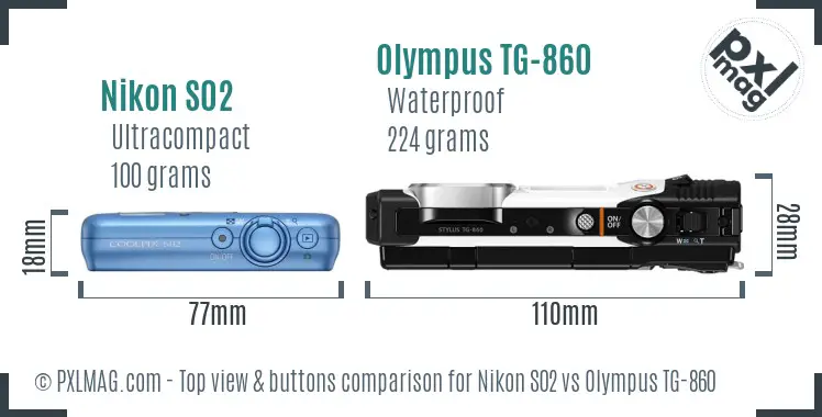 Nikon S02 vs Olympus TG-860 top view buttons comparison