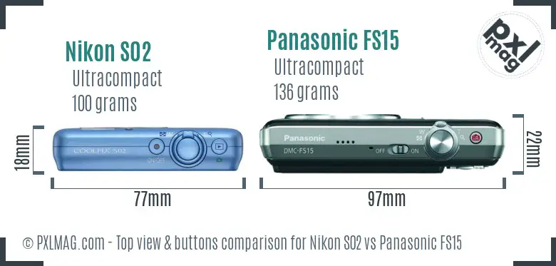 Nikon S02 vs Panasonic FS15 top view buttons comparison