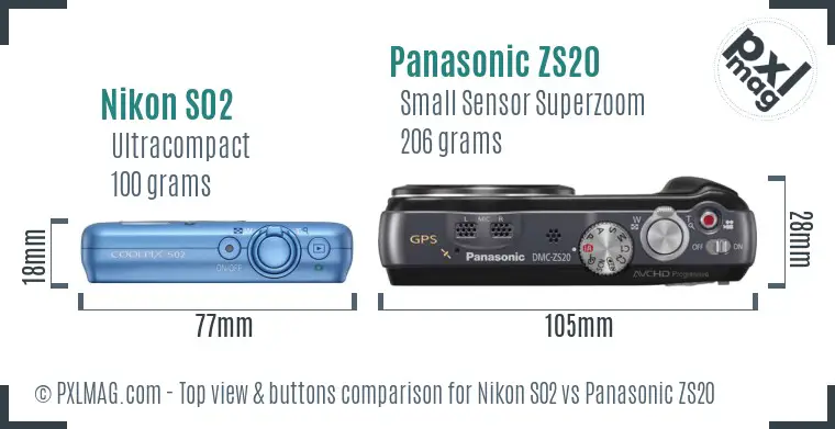 Nikon S02 vs Panasonic ZS20 top view buttons comparison