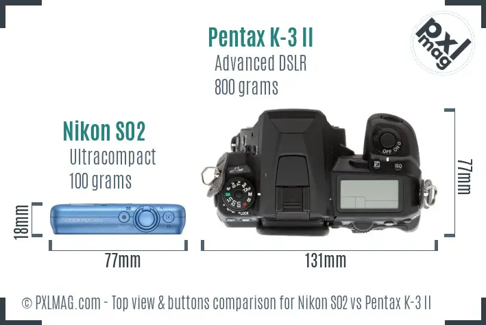 Nikon S02 vs Pentax K-3 II top view buttons comparison