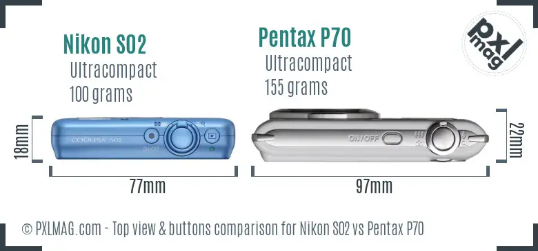 Nikon S02 vs Pentax P70 top view buttons comparison