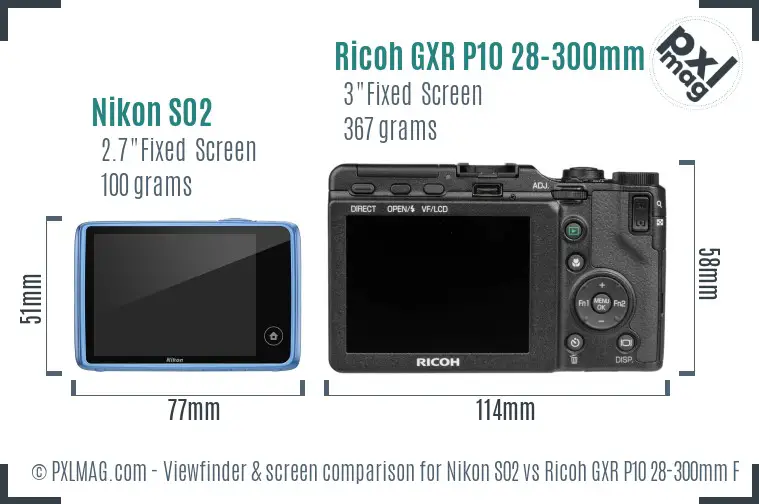Nikon S02 vs Ricoh GXR P10 28-300mm F3.5-5.6 VC Screen and Viewfinder comparison
