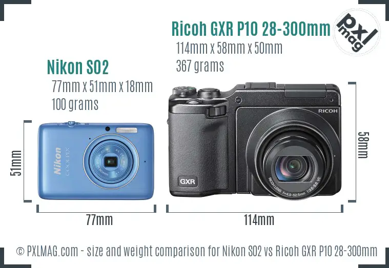Nikon S02 vs Ricoh GXR P10 28-300mm F3.5-5.6 VC size comparison