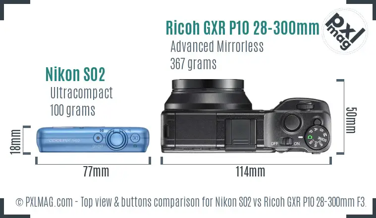 Nikon S02 vs Ricoh GXR P10 28-300mm F3.5-5.6 VC top view buttons comparison