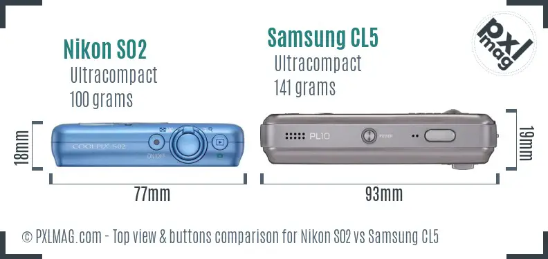 Nikon S02 vs Samsung CL5 top view buttons comparison Nikon S02 vs Samsung CL5 top view buttons comparison