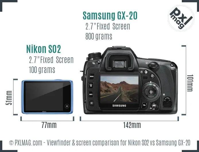 Nikon S02 vs Samsung GX-20 Screen and Viewfinder comparison