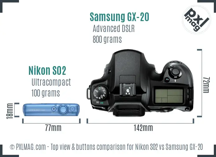 Nikon S02 vs Samsung GX-20 top view buttons comparison