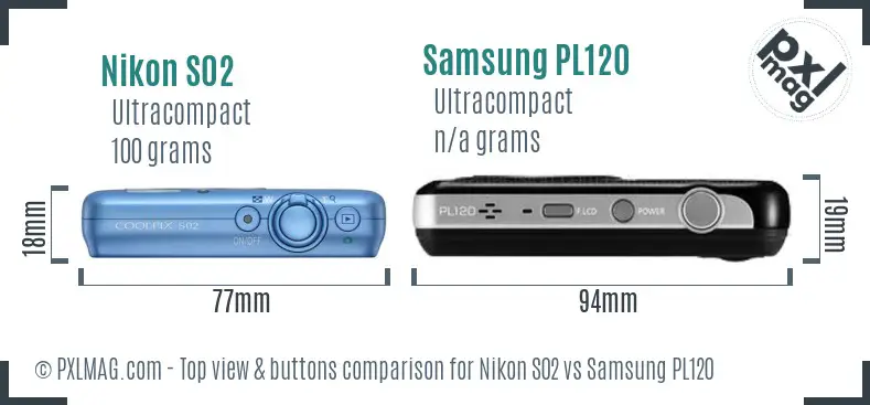 Nikon S02 vs Samsung PL120 top view buttons comparison Nikon S02 vs Samsung PL120 top view buttons comparison