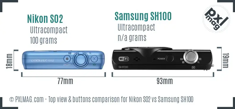 Nikon S02 vs Samsung SH100 top view buttons comparison Nikon S02 vs Samsung SH100 top view buttons comparison