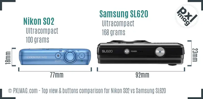 Nikon S02 vs Samsung SL620 top view buttons comparison