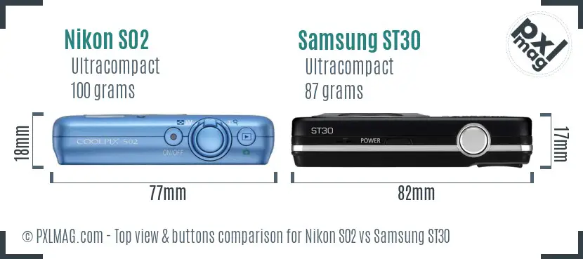 Nikon S02 vs Samsung ST30 top view buttons comparison Nikon S02 vs Samsung ST30 top view buttons comparison