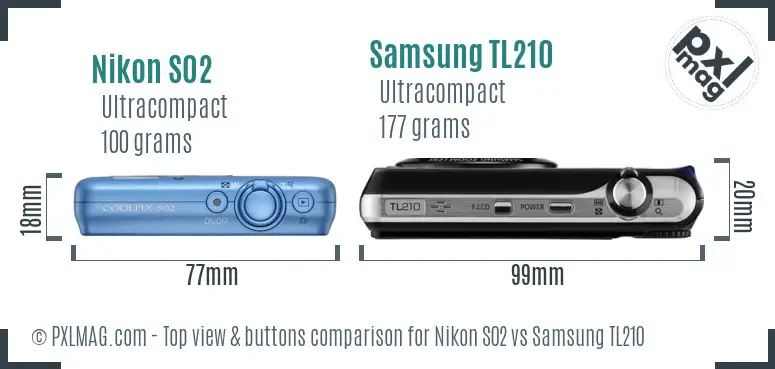 Nikon S02 vs Samsung TL210 top view buttons comparison Nikon S02 vs Samsung TL210 top view buttons comparison
