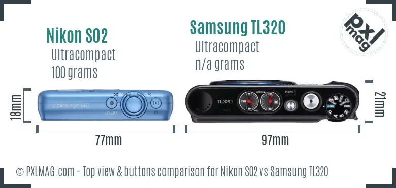 Nikon S02 vs Samsung TL320 top view buttons comparison Nikon S02 vs Samsung TL320 top view buttons comparison