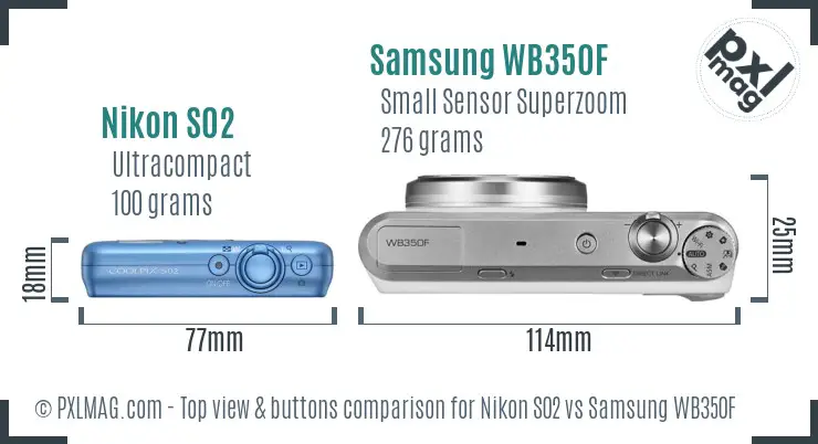 Nikon S02 vs Samsung WB350F top view buttons comparison