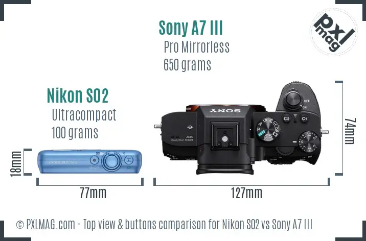 Nikon S02 vs Sony A7 III top view buttons comparison