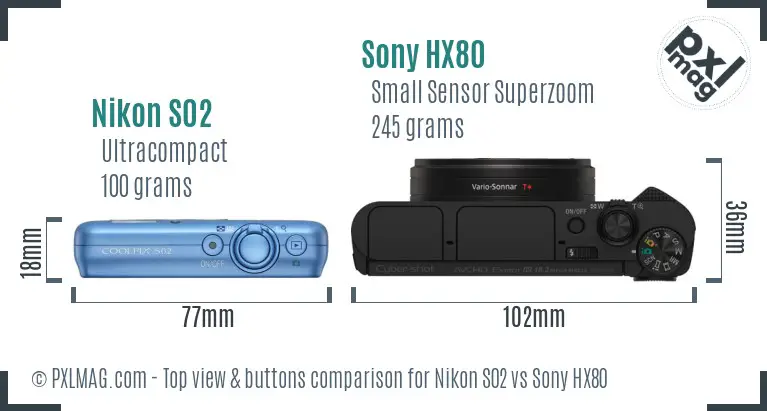 Nikon S02 vs Sony HX80 top view buttons comparison