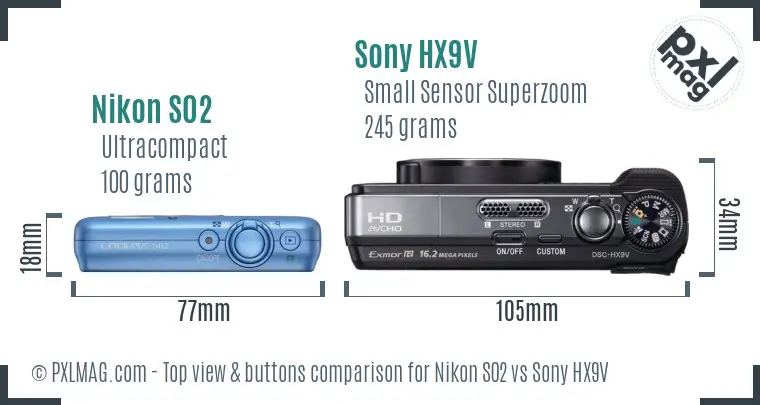 Nikon S02 vs Sony HX9V top view buttons comparison