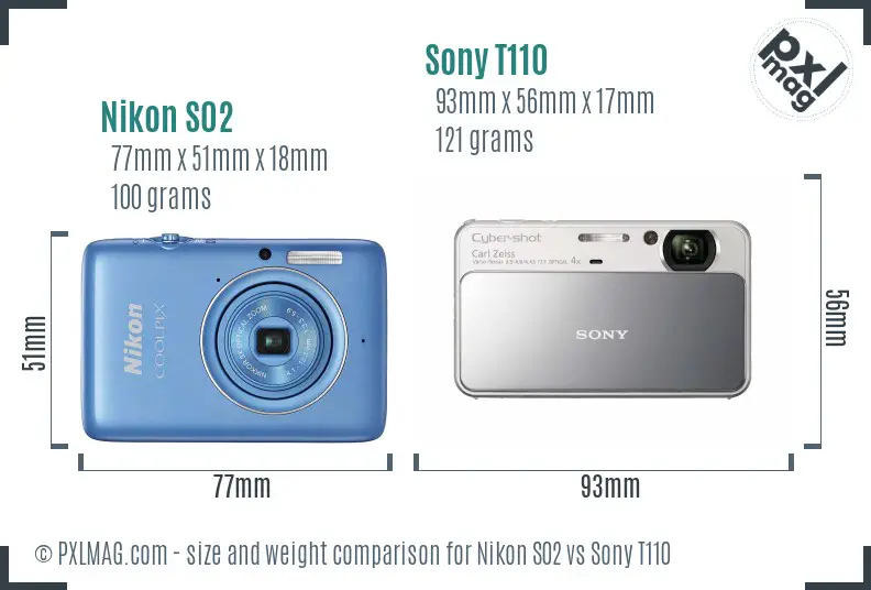 Nikon S02 vs Sony T110 size comparison