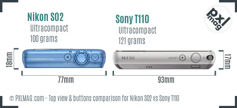 Nikon S02 vs Sony T110 top view buttons comparison