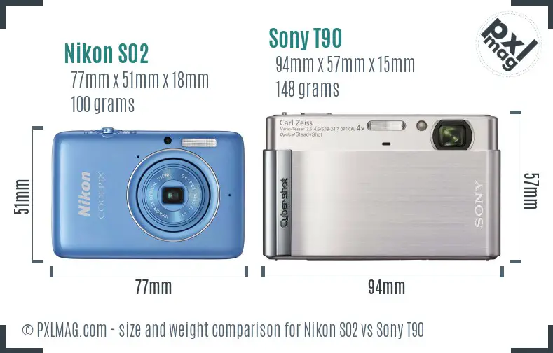 Nikon S02 vs Sony T90 size comparison