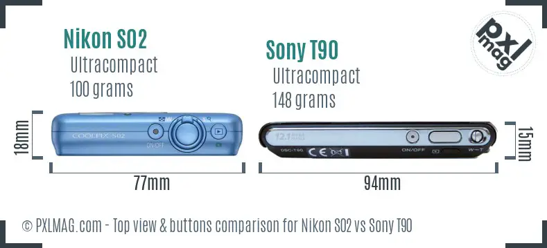 Nikon S02 vs Sony T90 top view buttons comparison