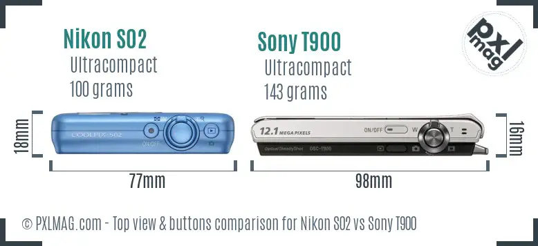 Nikon S02 vs Sony T900 top view buttons comparison