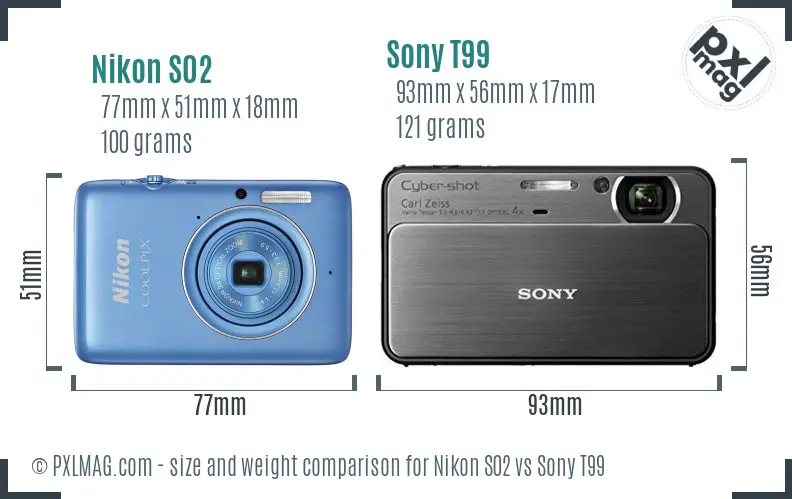 Nikon S02 vs Sony T99 size comparison