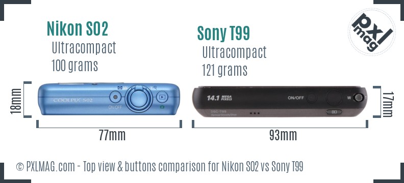 Nikon S02 vs Sony T99 top view buttons comparison