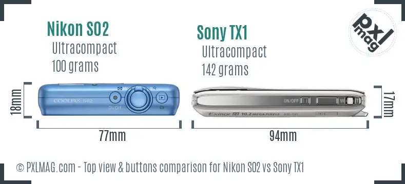 Nikon S02 vs Sony TX1 top view buttons comparison