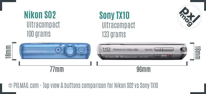Nikon S02 vs Sony TX10 top view buttons comparison Nikon S02 vs Sony TX10 top view buttons comparison