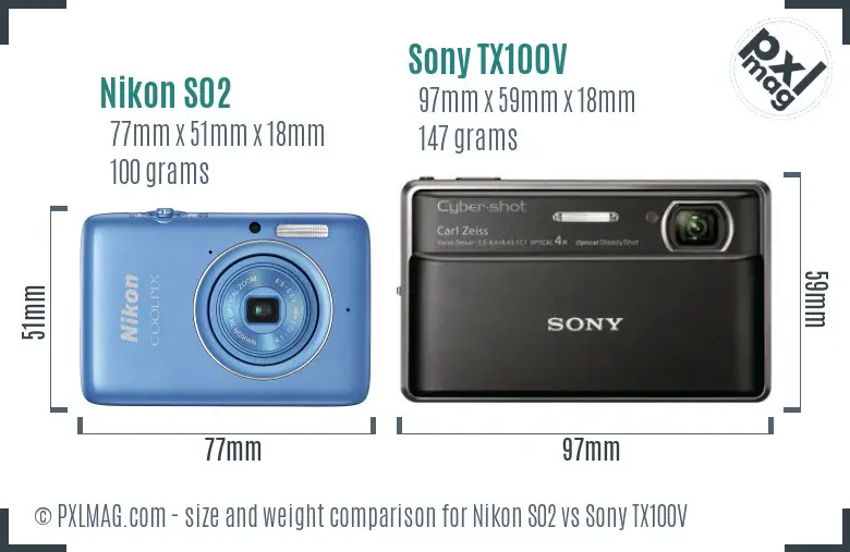 Nikon S02 vs Sony TX100V size comparison