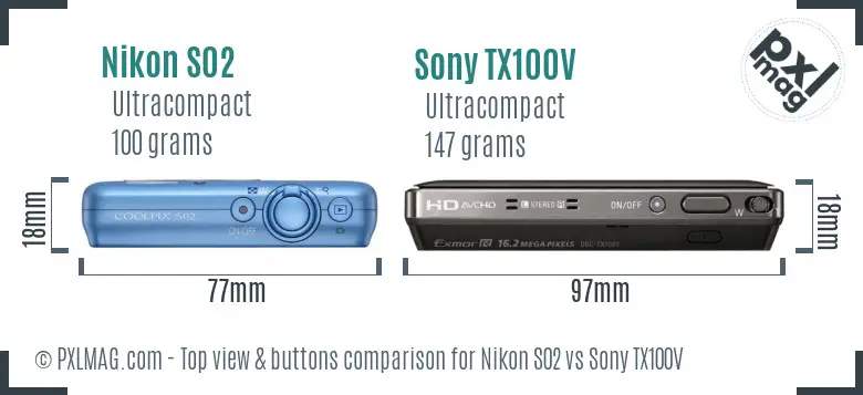 Nikon S02 vs Sony TX100V top view buttons comparison