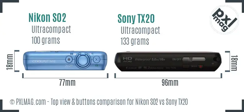 Nikon S02 vs Sony TX20 top view buttons comparison