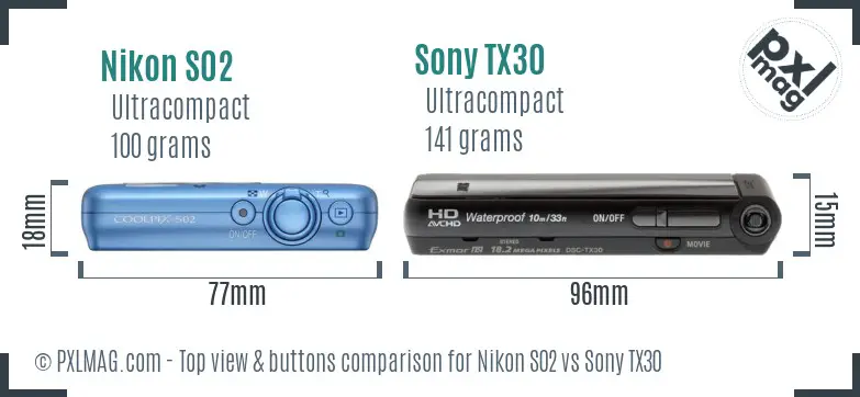 Nikon S02 vs Sony TX30 top view buttons comparison