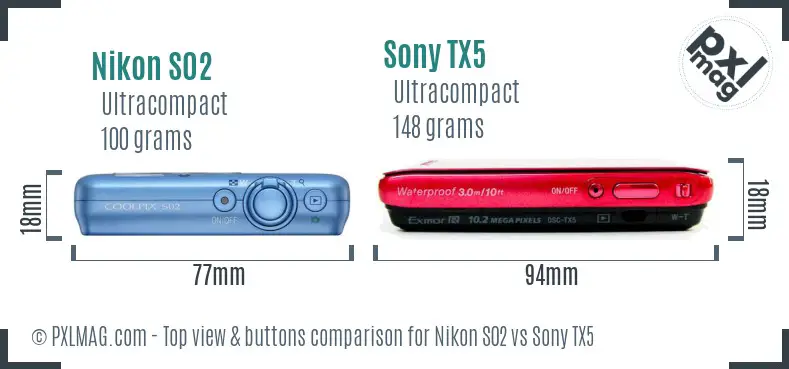 Nikon S02 vs Sony TX5 top view buttons comparison