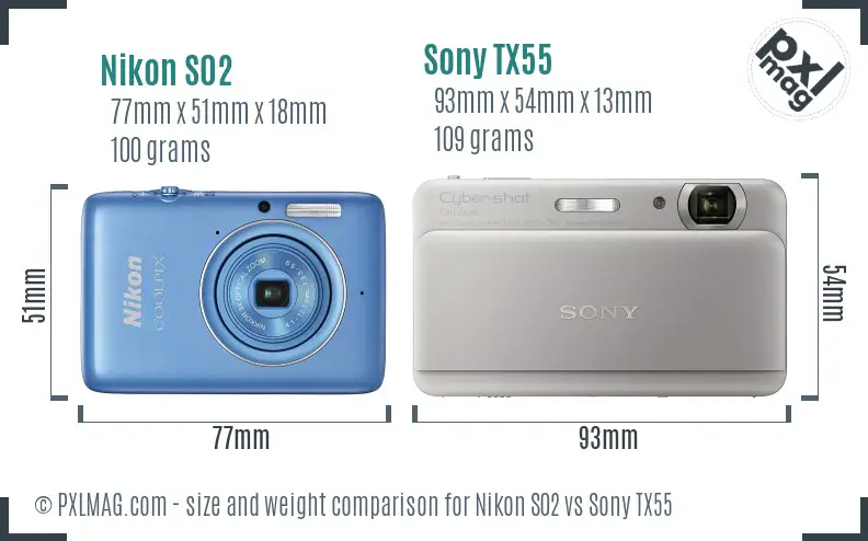 Nikon S02 vs Sony TX55 size comparison